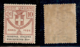 Regno - Enti Parastatali - 1924 - 10 Cent Biblioteche Pop (34b) Senza Punto Dopo P - Gomma Originale Con Invisibile Trac - Autres & Non Classés