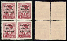 Occupazioni II Guerra Mondiale - Montenegro - 1941 - 2 Din (4 Tre + 4pp) - Quartina - Errore 1V+X1X In Basso A Sinistra  - Other & Unclassified