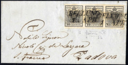 Cover 1853, Lettera Da Belluno Del 1.4 Per Padova Affrancata Con Striscia Di Tre Del 10 C. Nero Carta A Mano Due Sottoti - Lombardo-Vénétie