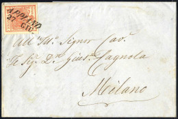 Cover 1854, Appiano, (SI Punti 7) Lettera Del 27.6.1854 Per Milano Affrancata Con 15 C. Rosso III Tipo Carta A Mano, Sas - Lombardo-Vénétie