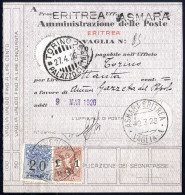 Cover 1926, Segnatasse Per Vaglia, 20 C. Azzurro E 1 L. Bruno Rosso Su Vaglia Da Asmara Il 9.3, Sass. 1,4 / 1400,- - Erythrée