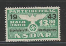 POLAND GEN GOVT 1943 1/2 YEAR NSDAP MEMBERSHIP DUE ERLER#89 NO GUM - Revenue Stamps