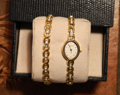 Vintage Ladies Gold Tone And Diamante SEKONDA Dress Watch And Bracelet Set - Watches: Jewels