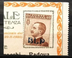 ITALIA REGNO B.L.P. BUSTE LETTERE POSTALI - SASS. 4A - 40c. Bruno Sopr Azzurro  Nera - Su Frammento BLP - Timbres Pour Envel. Publicitaires (BLP)