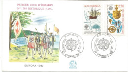 FRANCIA FDC STRASBOURG EUROPA CEPT 1992 COLON AMERICA COLUMBUS - Christoffel Columbus