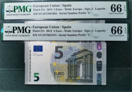 5 EURO SPAIN 2013 LAGARDE V015G5 VC   CORRELATIVE COUPLE SC FDS UNC. PMG 66 / 66 EPQ - 5 Euro