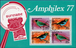 Suriname 1977 Birds Amphilex Block Issue First Day Cancel Chloraphanes Spiza, Tangara Chilensis - Other (Sea)