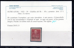 OLTRE GIUBA 1925 - 1926 GIUBILEO DEL RE 60c DENT. 13 1/2 MNH CERTIFICATO - Oltre Giuba