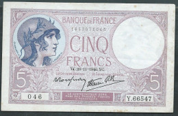 France - Billet De 5 Francs Type Violet - 28/11/1940 - 046 Y.66547-  LAURA 14404 - 5 F 1917-1940 ''Violet''