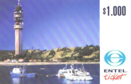 Chile:Used Phonecard, Entel Ticket, 1000 $, Communication Tower, Boats, 1999 - Chile