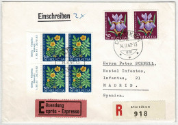 Schweiz Pro Juventute 1962, Brief Express Einschreiben Dietikon - Madrid (Spanien), Blumen / Fleurs / Flowers - Cartas & Documentos