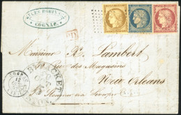 Obl. 1+ 4 + 6 -- 10c. Bistre-jaune + 25c. Bleu + 1F. Carmin Obl PC S/lettre Frappée Du CàD De COGNAC Du 12 Octobre 1852  - 1849-1850 Ceres