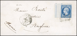 Obl. 14 -- 20c. Bleu, BdeF Avec Filet D'encadrement, Obl. PC 2282 S/lettre Frappée Du CàD De NOGENT-SUR-SEINE Du 6 Septe - 1853-1860 Napoléon III