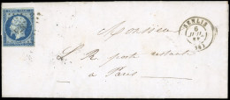 Obl. 14A -- 20c. Bleu S/vert Obl. PC 874 S/lettre Frappée Du CàD De SENLIS Du 6 Juillet 1855 à Destination De PARIS. Arr - 1853-1860 Napoléon III