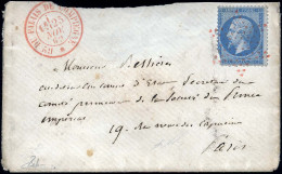 Obl. 22 -- 20c. Bleu (défaut D'origine) Obl. étoile Rouge S/lettre Frappée Du CàD Du Bau DU PALAIS DE COMPIEGNE Du 25 No - 1862 Napoléon III