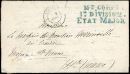 Obl. Lettre En Franchise, Avec Correspondance, Frappée De La Griffe Bleue 15ME CORPS - 1RE DIVISION - ETAT MAJOR Et Du C - Guerre De 1870