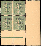 ** 25 -- 15c. Vert-olive. "POSTES PARIS 1920". Bloc De 4. Coin De Feuille. SUP. - Autres & Non Classés