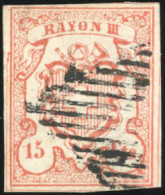 Obl. Zu#19 -- 15c. Rouge-brique. RAYON III. Obl. Grille Fédérale Noire. SUP. (SBK N°19) - Autres & Non Classés