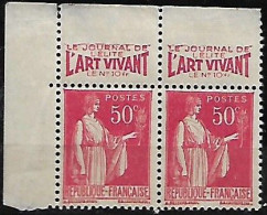 France 1932-33 Type "Paix" Avec Pub L'Art Vivant Nº 283, 1 Pair Neuf Avec Signal Charnière - Unused Stamps