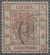 China: 1882, Large Dragon Thick Paper 3 Ca. Red, Canc. Blue Seal - 1912-1949 République