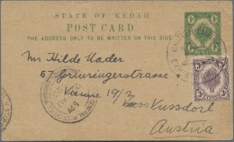 Malayan States - Kedah: 1923, Postal Stationery Card 1c, Uprated 3c, Used To Vie - Kedah