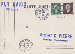 CP Par Avion De Nuit Obl Toulouse Gare Le 26/10/45 Sur 80c Et 70c Dulac N° 687, 688 En Poste Restant à Bordeaux - 1944-45 Marianne De Dulac