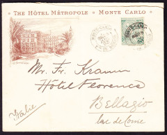 1893 Brief Von Hotel Metropol In Monte Carlo An Hotel Florence In Bellagio. Leichter Senkrechter Bug. Ankunftsstempel - Lettres & Documents