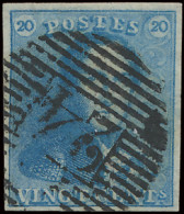 N° 2A 20c. Blauw, Volrandig, P.24 Bruxelles, Positie 110, Mooie Afstempeling, Prachtig, Zm - 1849 Schulterklappen