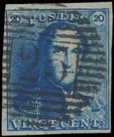 N° 2A 20c. Blauw, Volrandig, P.25 Charleroi, Centrale Afstempeling, Prachtig, Zm (COBA €5) - 1849 Hombreras