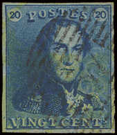 N° 2A 20c. Blauw, Volrandig, P.37 Eeclo (heel Lichte Afstempeling), Vele Griffen In Het Zegelbeeld, Zm (COBA €100) - 1849 Hombreras