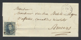 N° 7 20c. Blauw, Volrandig Met D.52-Tervueren Naar ANTWERPEN, M/ntz (COBA +€100) - 1851-1857 Medaillons (6/8)