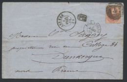 1864 N° 16 40c. Karmijnroze, Op Brief, P.4-Anvers, Dd. 1 Mars 64, Naar Duinkerke (Frankrijk), Twee Grensstempels Ambt Pa - 1863-1864 Medallions (13/16)