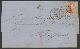 1865 N° 16 Op Brief Vanuit Antwerpen, Dd. 11/2/1865, Naar Belfast PD In Zwart Kastje, Mooie Afstempeling Van London En B - 1863-1864 Medaillen (13/16)