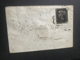 1840 GB 1d Black On Cover Penny Black Post Mark Cover To Norwich With Corner Fault Used See Photos - Brieven En Documenten