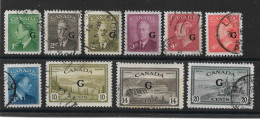 CANADA 1950 - 1952 'G' OFFICIALS SET TO 20c SG O178/O187 FINE USED Cat £33+ - Overprinted