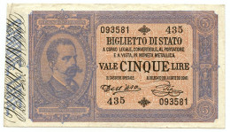 5 LIRE BIGLIETTO DI STATO EFFIGE UMBERTO I 06/08/1889 BB/SPL - Otros