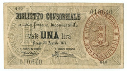 1 LIRA FALSO D'EPOCA BIGLIETTO CONSORZIALE REGNO D'ITALIA 30/04/1874 MB/BB - [ 8] Fakes & Specimens