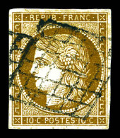 O N°1c, 10c Bistre Verdâtre Foncé Obl Grille, Nuance Exceptionelle. TTB (signé Brun/Scheller/certificat)  Qualité: Oblit - 1849-1850 Ceres