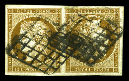 O N°1e, 10c Bistre-verdâtre En Paire Tête-bêche Obl Grille, PIECE SUPERBE. R.R. (signé Calves/Brun/certificats)  Qualité - 1849-1850 Ceres