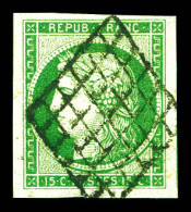 O N°2, 15c Vert Obl Grille, Très Grandes Marges Avec Filet De Voisin à Droite. SUPERBE. R.R. (signé Calves/certificats)  - 1849-1850 Cérès