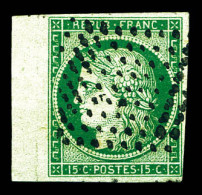 O N°2, 15c Vert Obl Losange De Points, Bord De Feuille Latéral. TTB (certificat)  Qualité: Oblitéré  Cote: 1100 Euros - 1849-1850 Cérès