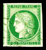 O N°2a, 15c Vert-clair, Belles Marges Avec Voisin Obl Grille Sans Fin, Très Jolie Pièce. SUP (signé Calves/certificat)   - 1849-1850 Cérès