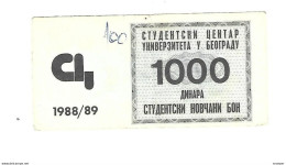 *serbia Belgrado University, Student Fees 1000 Dinara  1988/89   S7 - Servië