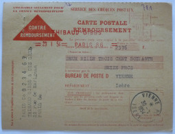 CARTE POSTALE CHEQUES POSTAUX - Contre Remboursement - Cachet VIENNE (ISERE) / 30-01-1954 - Cheques & Traverler's Cheques
