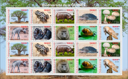 GUINEA 2023 SHEET 20V - FROGS FROG BAOBAB HIPPOPOTAMUS TURTLES TURTLE MUSHROOMS MONKEYS SHELLS OWLS OWL HYENA - MNH - Ranas