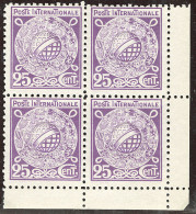 (*) Projet De "Timbre International" 1902-1905, 4 Blocs De Quatre Cdf, 25c En Bleu, Vert, Violet Et Rouge, Par Van Dries - Epreuves D'artistes