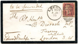 GRANDE BRETAGNE - 1 P SUR LETTRE D'EDOUARD STANHOPE POUR BENJAMIN DISRAELI, 1875 - Cartas