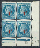 791 France Cérès Mazelin 1,30 F. Bleu Surchargé 1 F. En Rouge Coin Daté 18-6-1947 Luxe - 1945-47 Cérès Van Mazelin