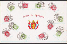 1916. NORGE. Postkort Motive: Frimerke-Sproget Med 5 And 10 ØRE POSTHORN In Different Positions And With E... - JF542170 - Lettres & Documents