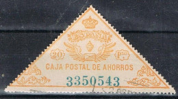 Sello Fiscal, Caja Postal De Ahorros  20 Pts, Color Amarillo Naranja, Triangular Grande º - Revenue Stamps